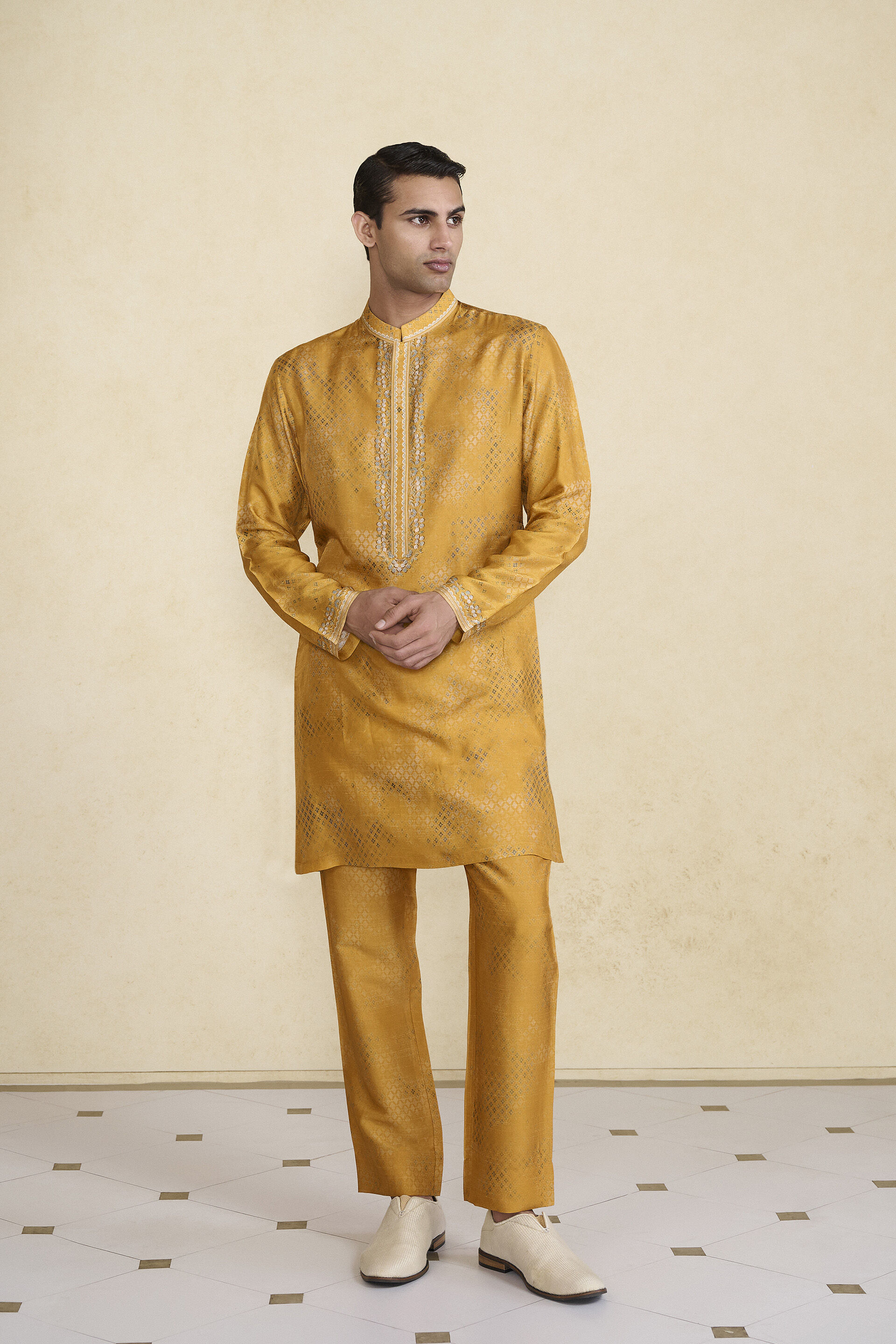Zarghun Printed Silk Kurta - Mustard